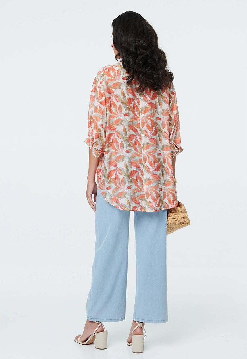 Izabel London - Half Sleeve Batwing Button Through Sheer Blouse With Centre Back Button Detail - Multi Orange