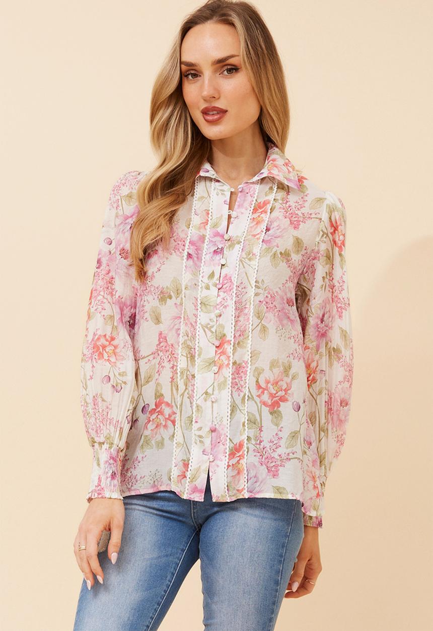 Stella Morgan - Elasticated Cuff Button Through Sheer Printed Floral Blouse With Lace Trim On Front - Multi White