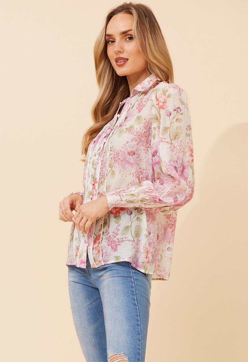 Stella Morgan - Elasticated Cuff Button Through Sheer Printed Floral Blouse With Lace Trim On Front - Multi White