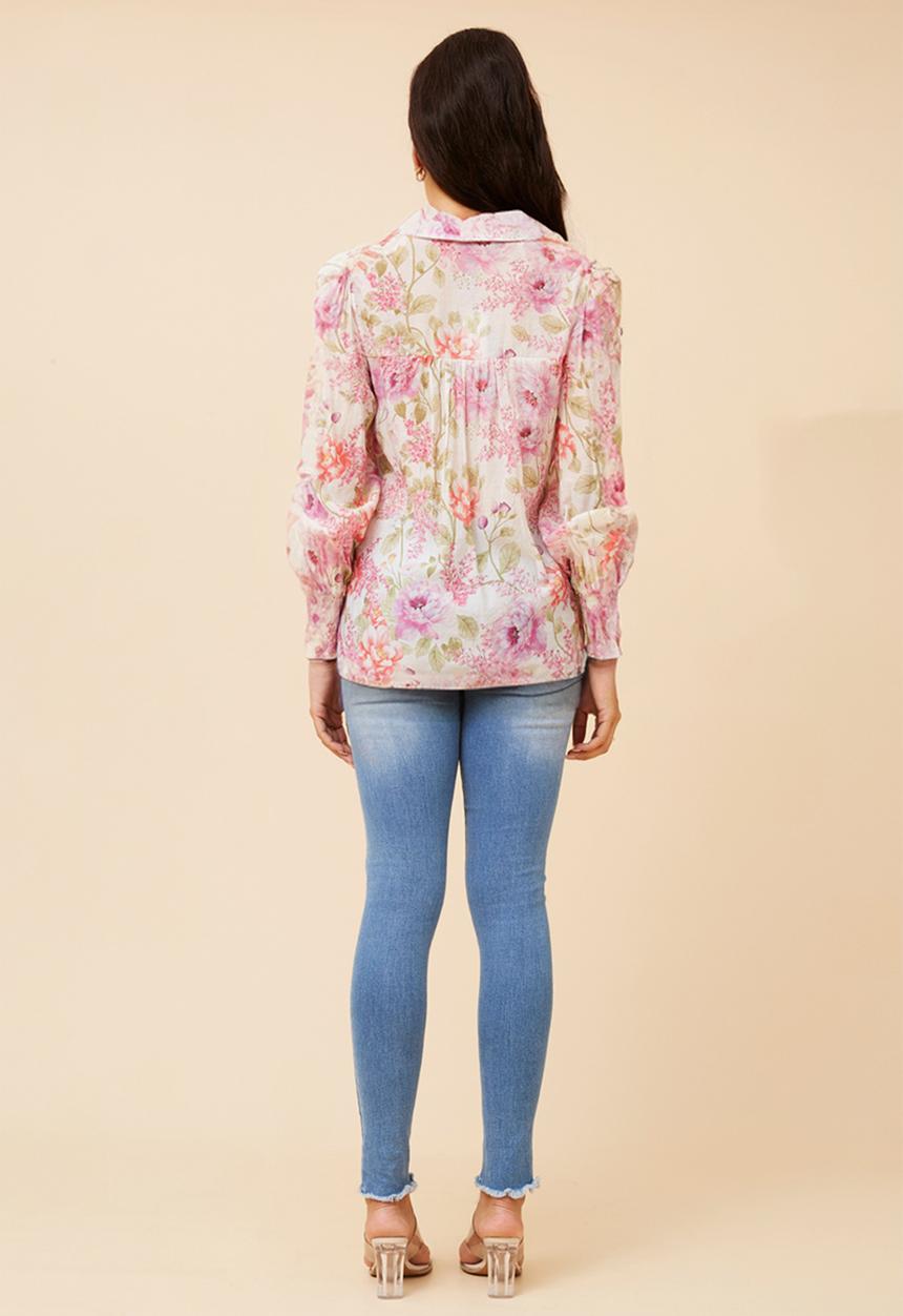 Stella Morgan - Elasticated Cuff Button Through Sheer Printed Floral Blouse With Lace Trim On Front - Multi White