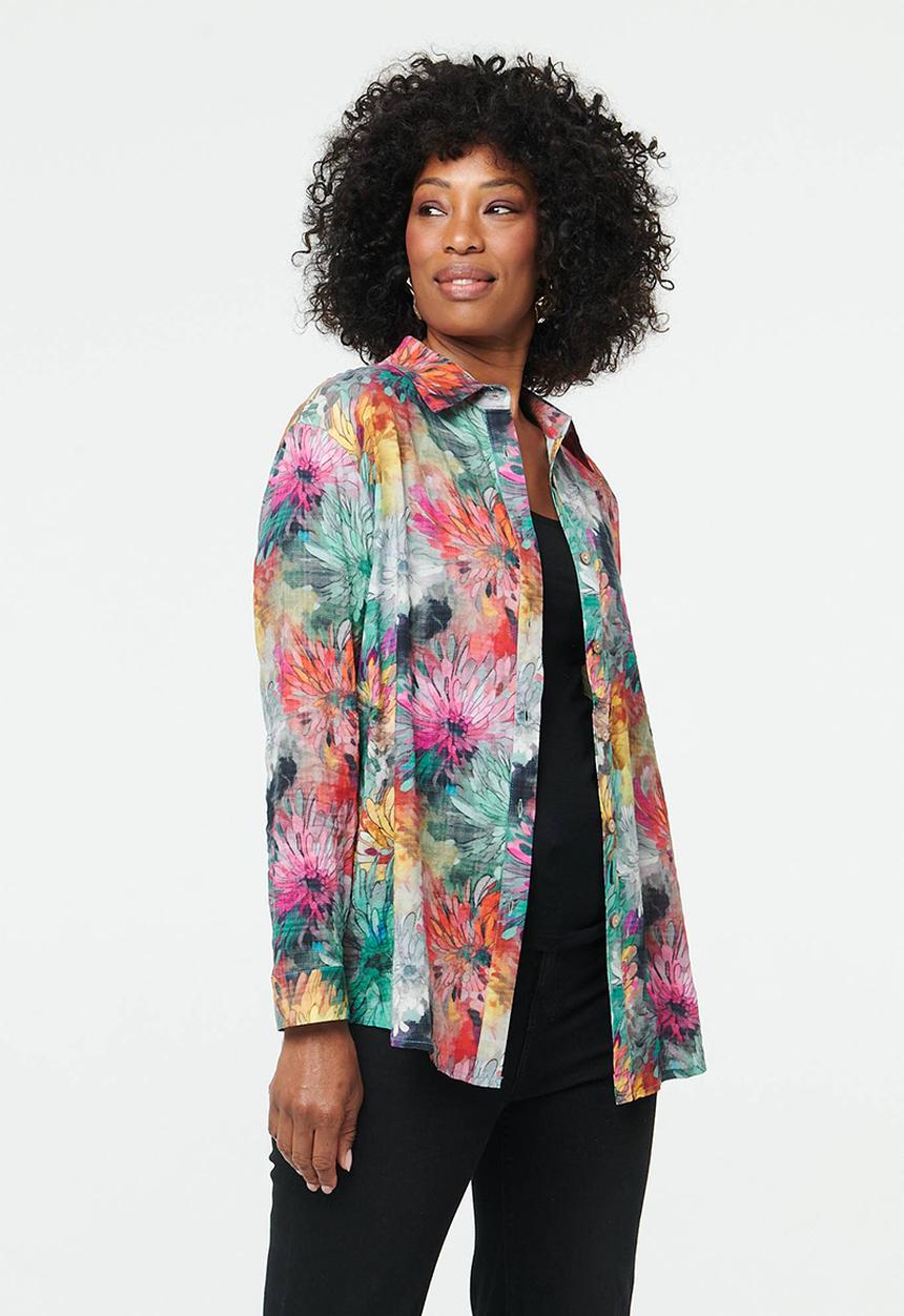 Izabel London - Long Sleeve Button Through Sheer Printed - Multi Green
