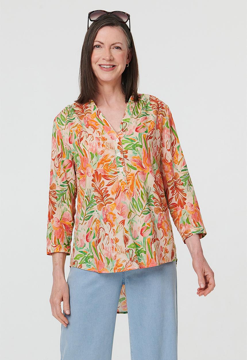 Izabel London - 3/4 Sleeve With Turn Back Cuff Mandarin Button Through Porinted Blouse - Orange