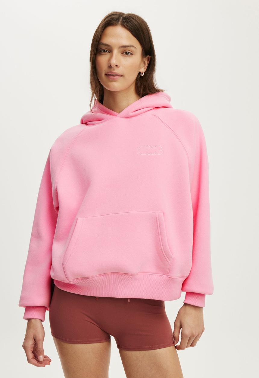 Cotton On - Plush Premium Graphic Raglan Hoodie - Prism Pink/Body Wellness