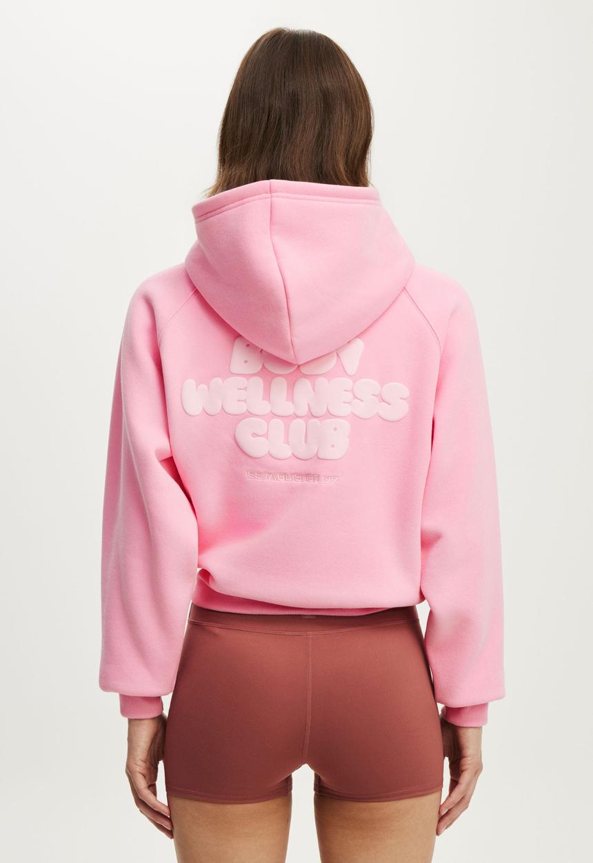 Cotton On - Plush Premium Graphic Raglan Hoodie - Prism Pink/Body Wellness
