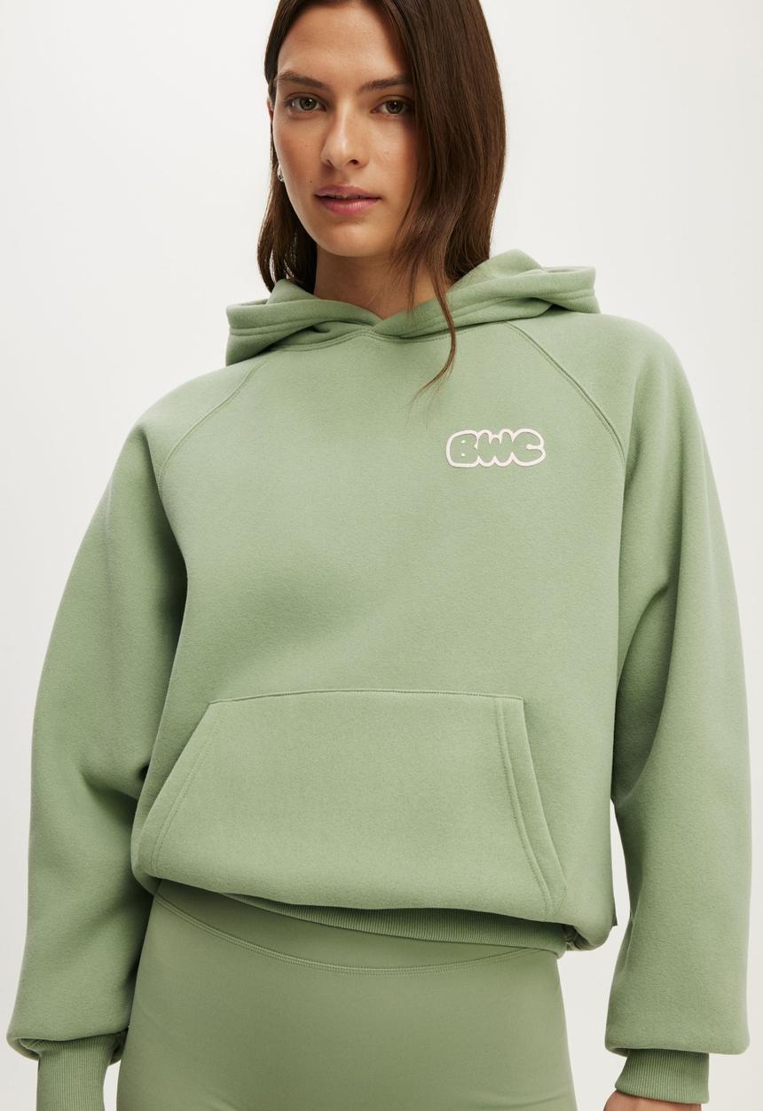 Cotton On - Plush Premium Graphic Raglan Hoodie - Matcha/Body Wellness