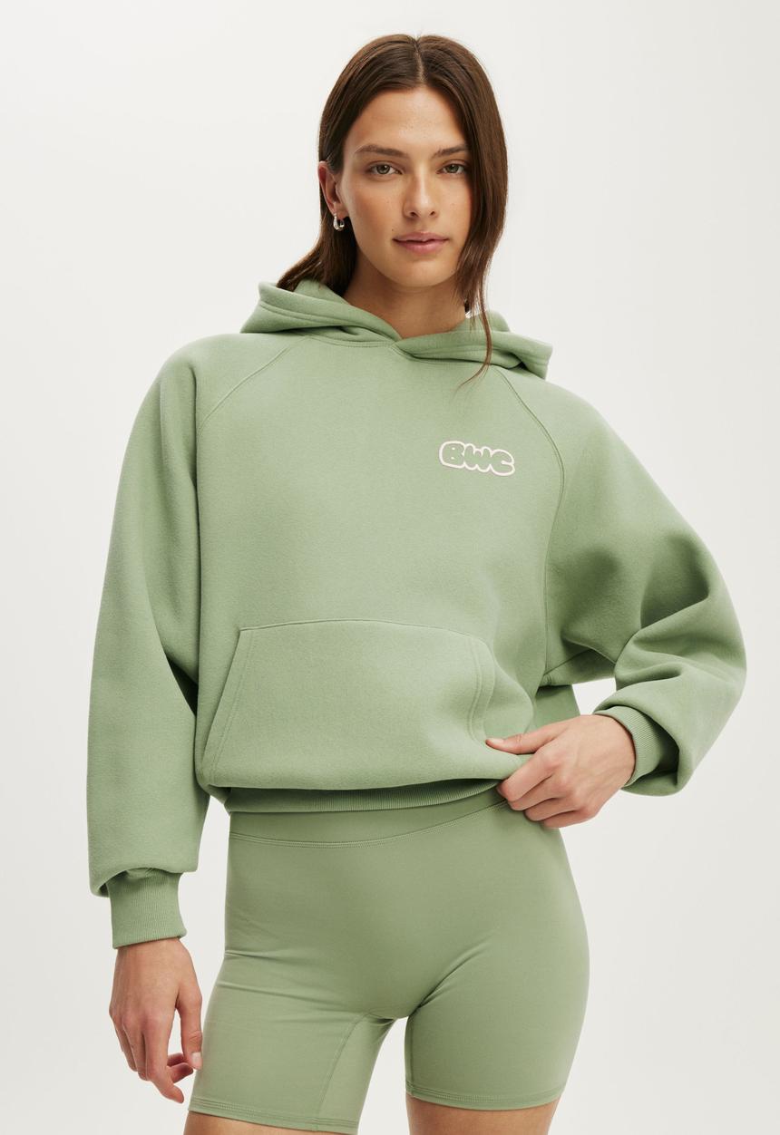 Cotton On - Plush Premium Graphic Raglan Hoodie - Matcha/Body Wellness