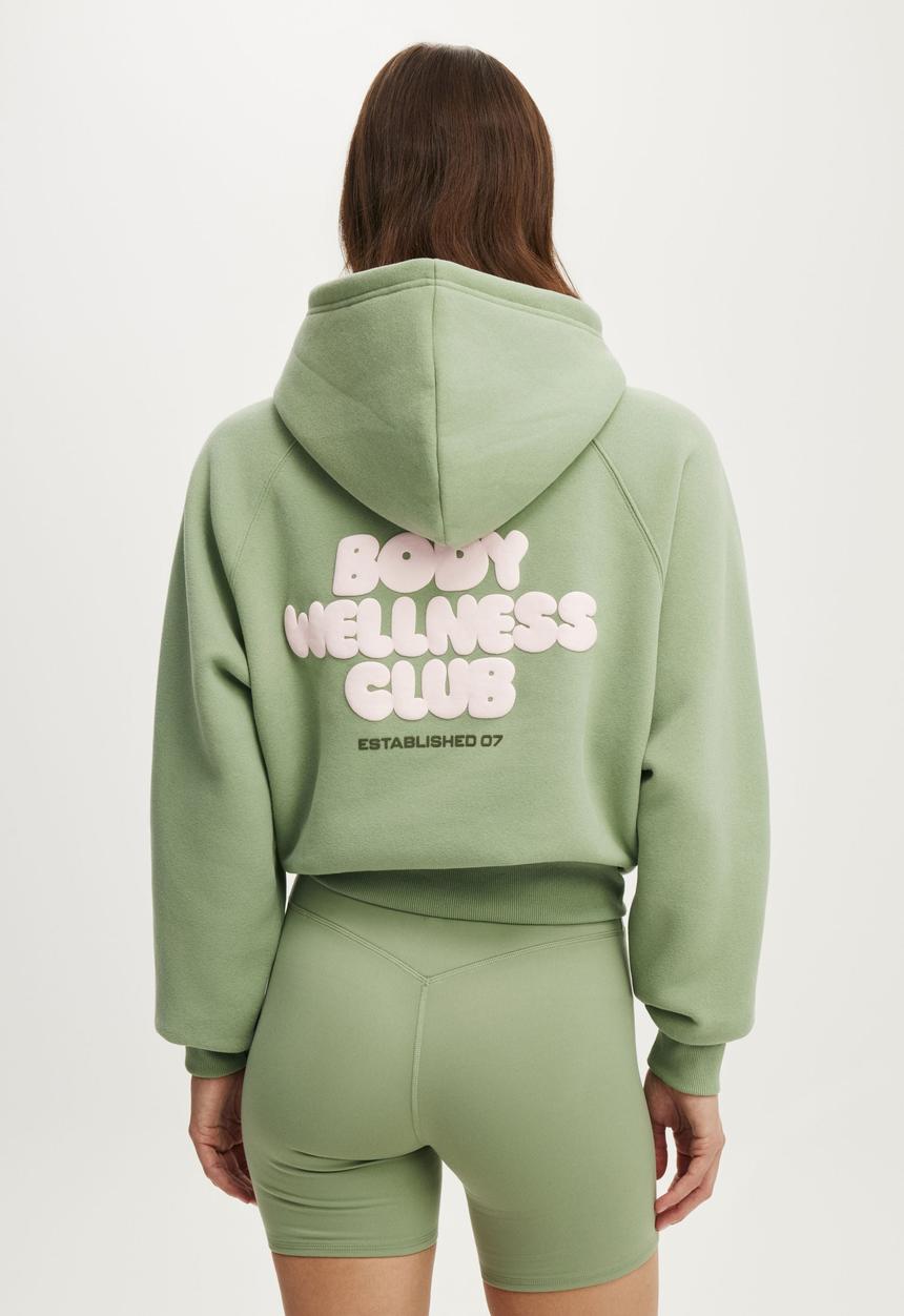 Cotton On - Plush Premium Graphic Raglan Hoodie - Matcha/Body Wellness