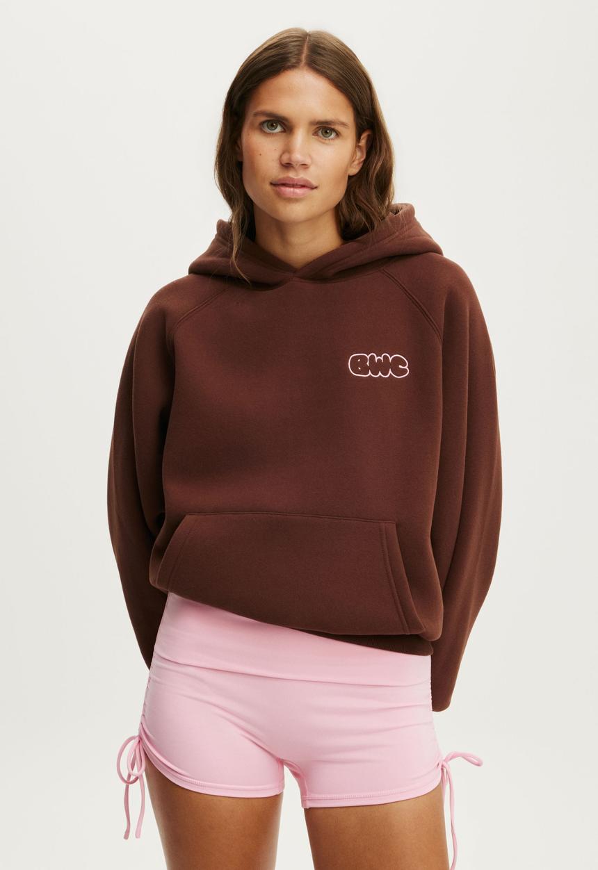 Cotton On - Plush Premium Graphic Raglan Hoodie - Chestnut/Body Wellness