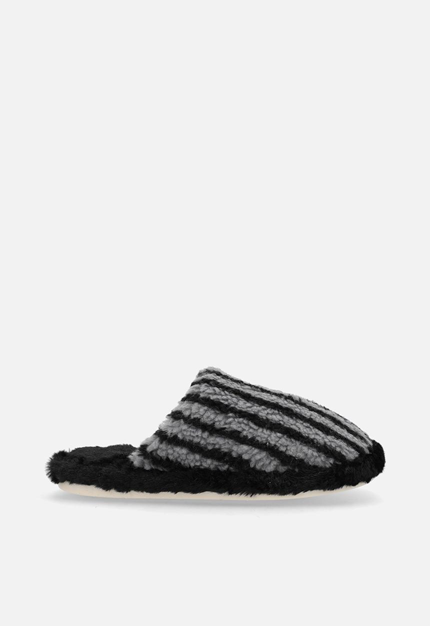 Pop Candy - Black striped shearling slippers - grey