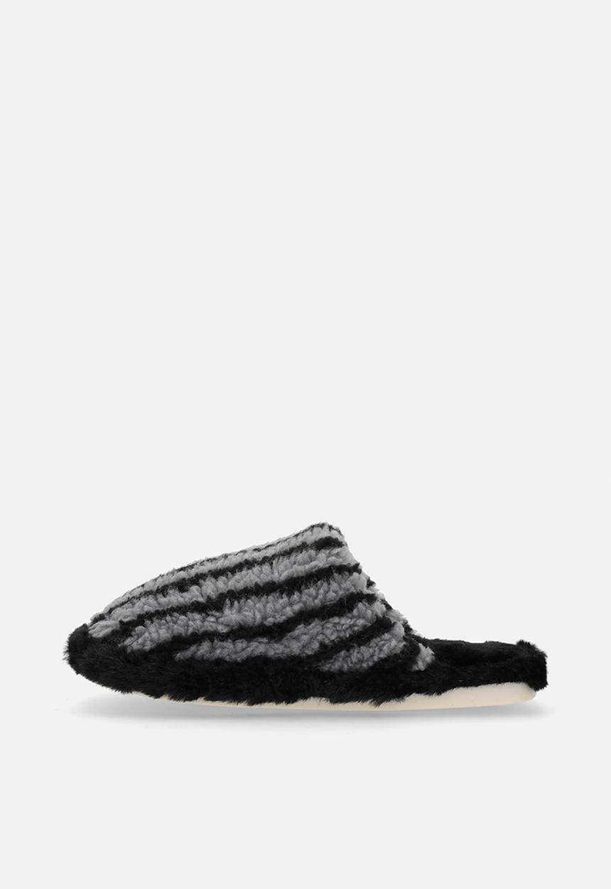 Pop Candy - Black striped shearling slippers - grey