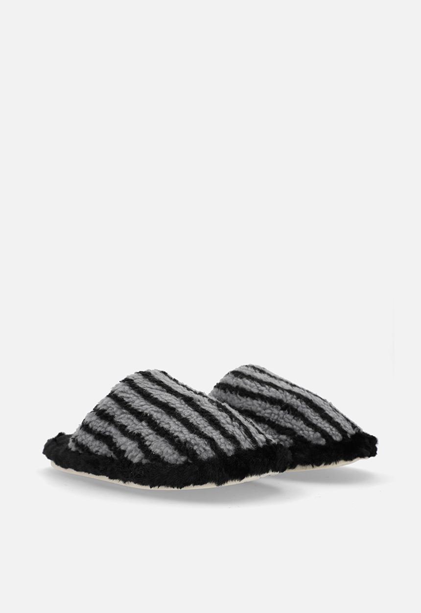 Pop Candy - Black striped shearling slippers - grey