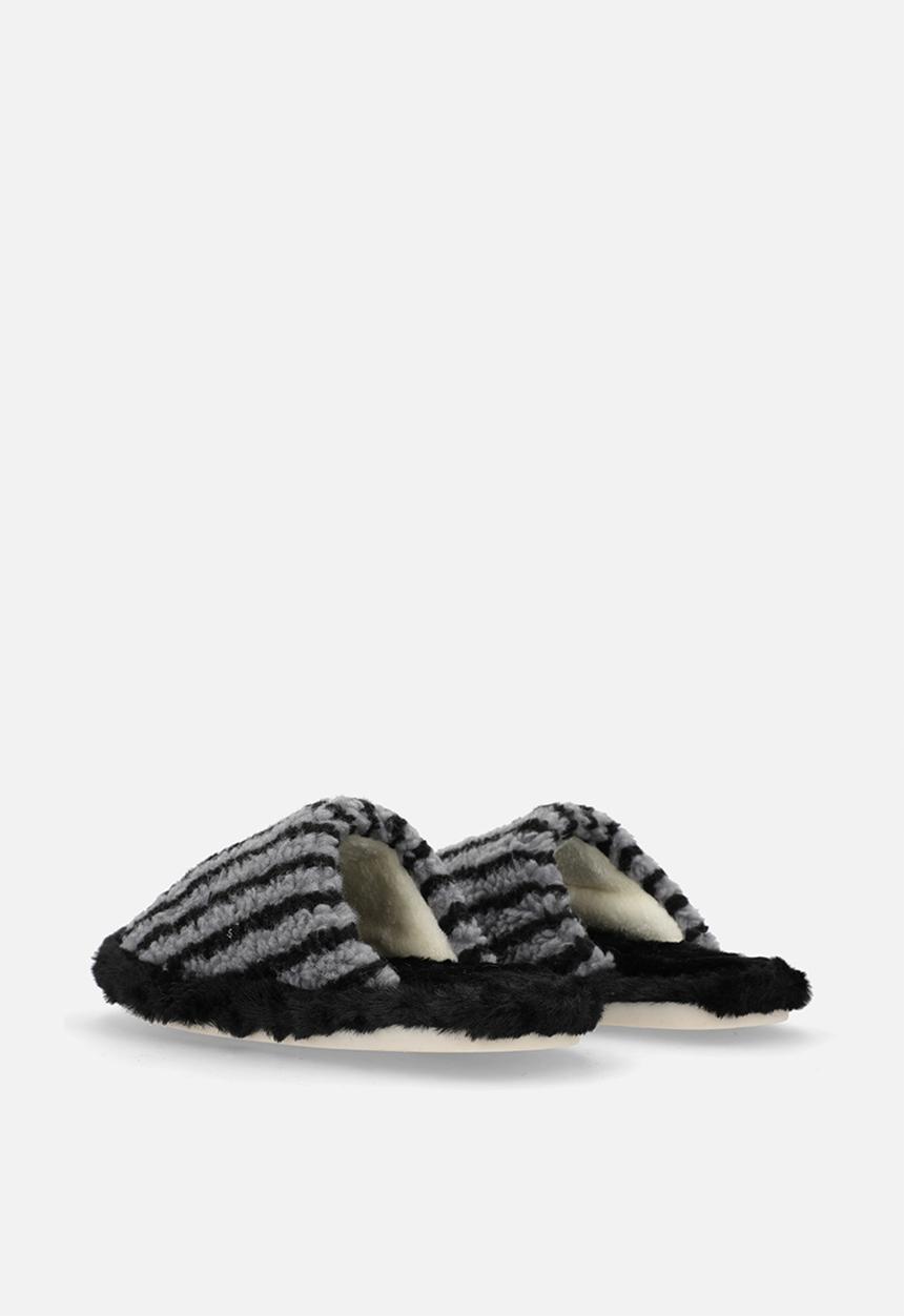 Pop Candy - Black striped shearling slippers - grey