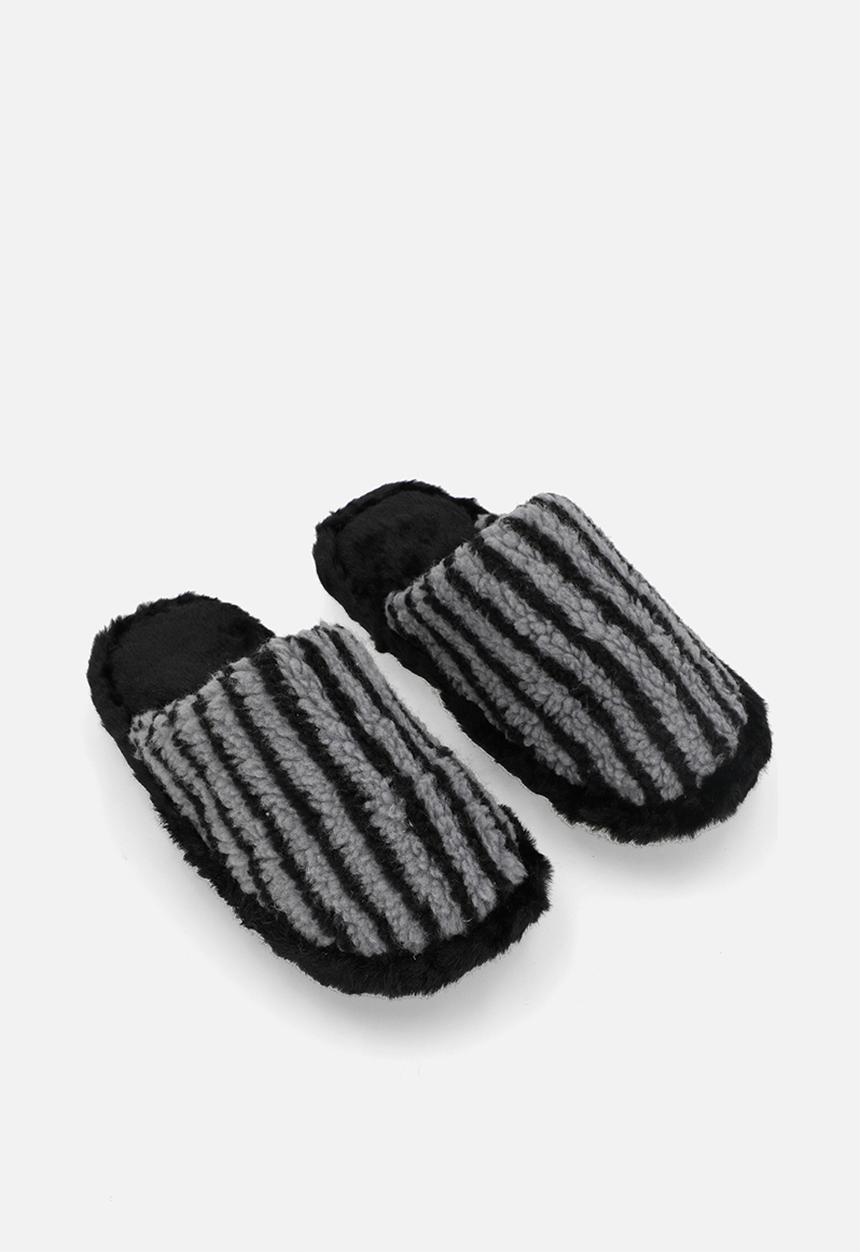 Pop Candy - Black striped shearling slippers - grey
