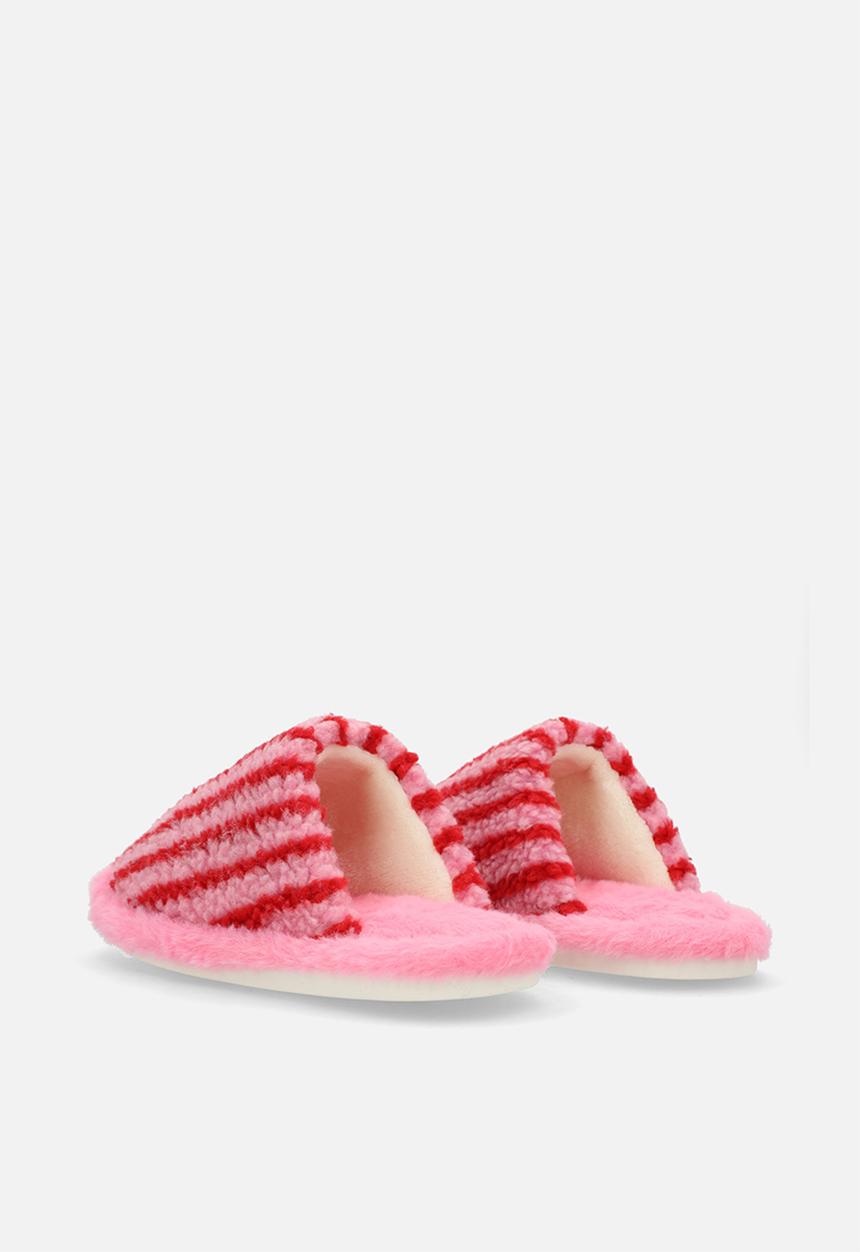 Pop Candy - Red striped shearling slippers - pink