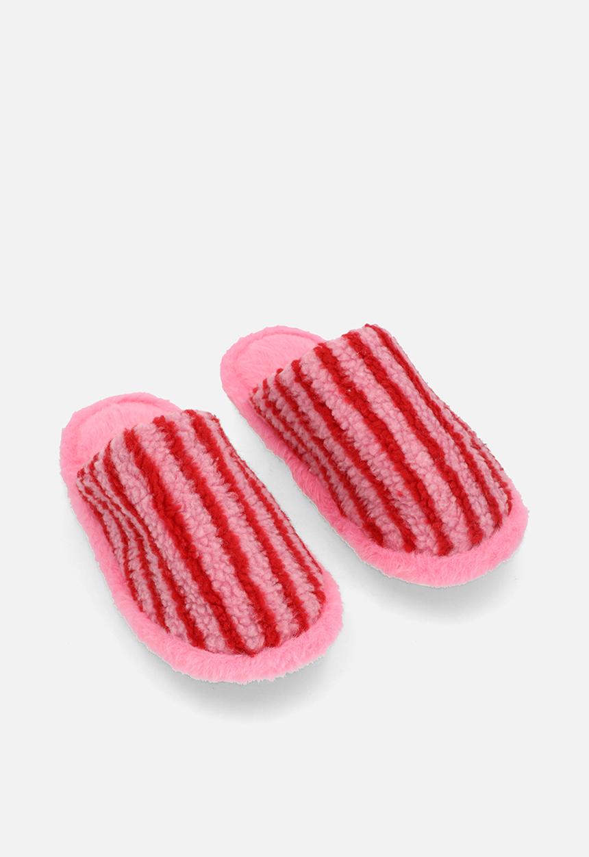 Pop Candy - Red striped shearling slippers - pink
