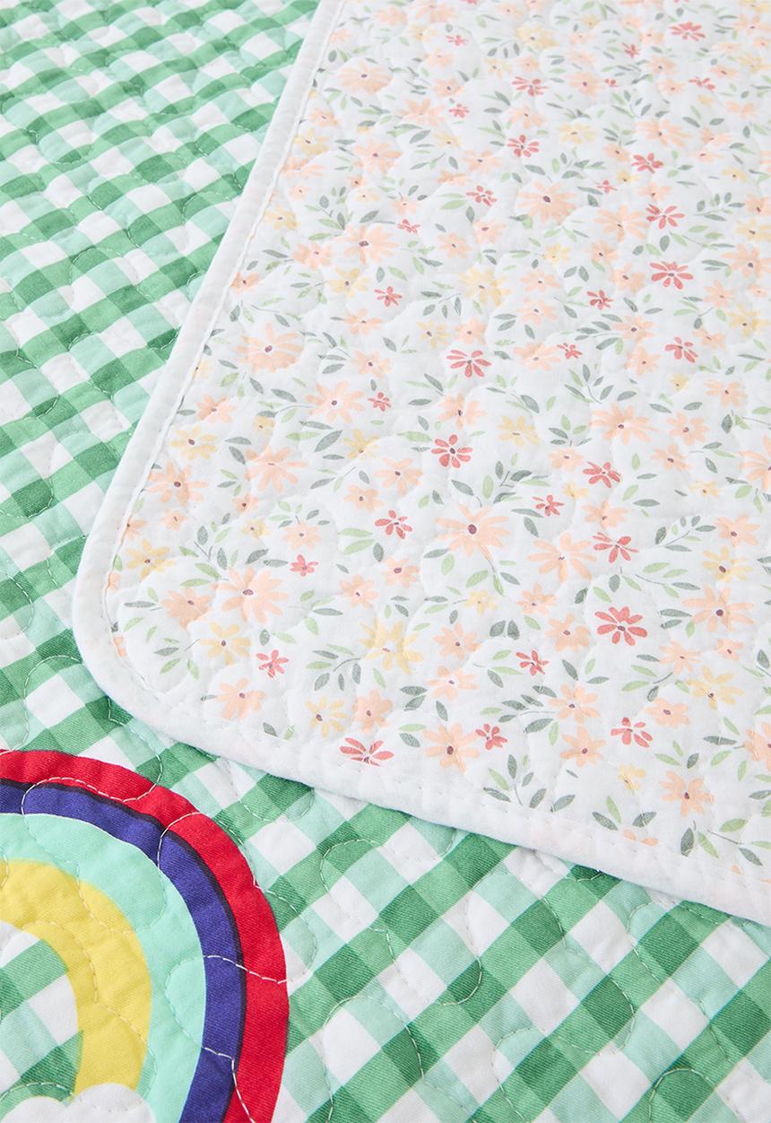 Pop Candy - Gingham quilted coverlet - dark green/rainbow cloud aop