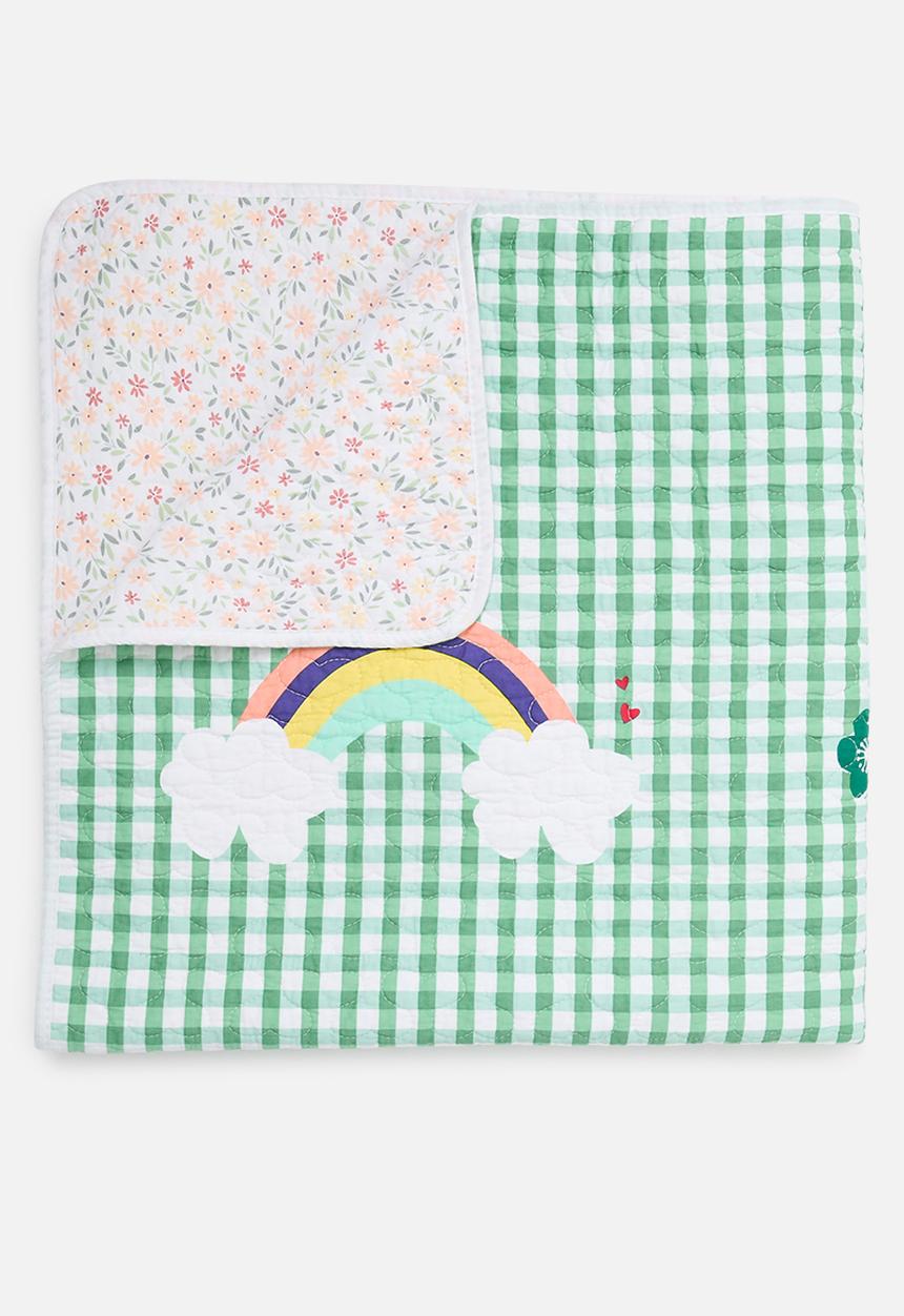 Pop Candy - Gingham quilted coverlet - dark green/rainbow cloud aop