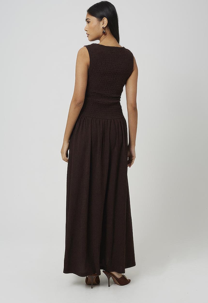 Brave Soul - Ladies Textured Jersey Maxi Dress With Ruched Bodice - Dark Brown