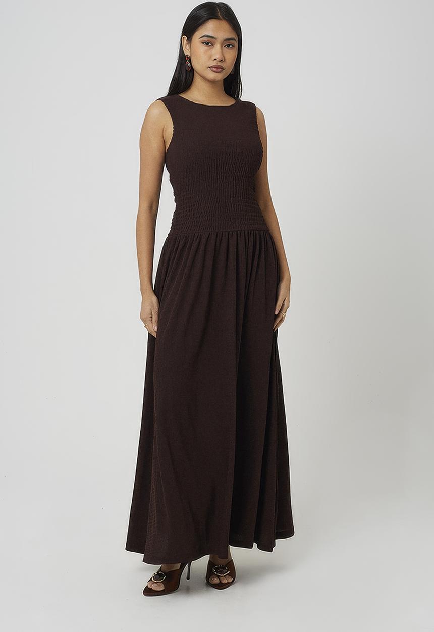Brave Soul - Ladies Textured Jersey Maxi Dress With Ruched Bodice - Dark Brown