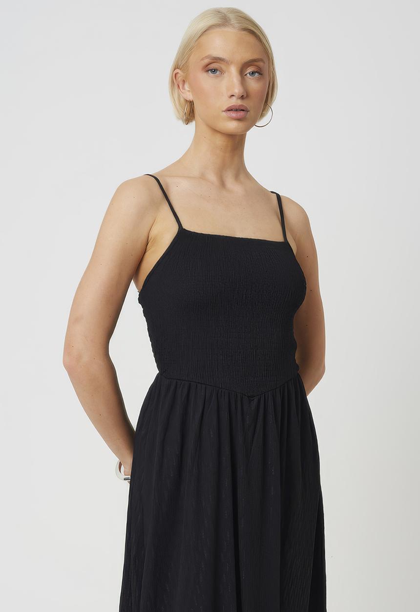 Brave Soul - Ladies Strappy Textured Jersey Dress With Ruched Bodice - Black