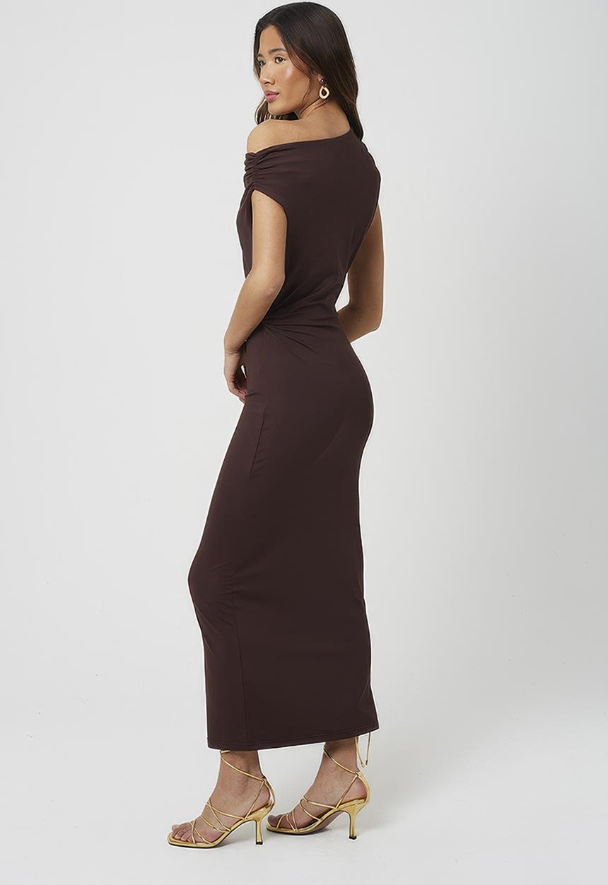 Brave Soul - Ladies Jersey High Neck Midi Dress With Ruching Detail - Dark Brown