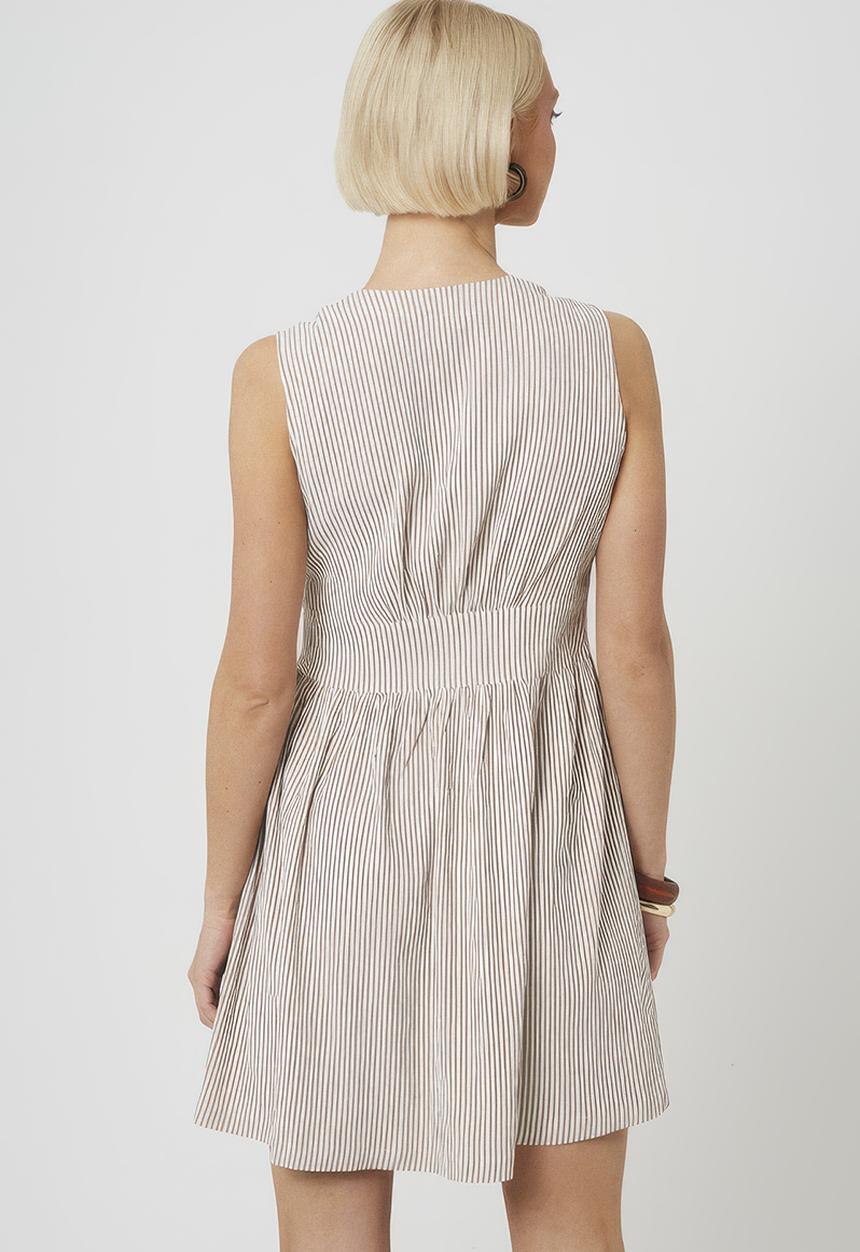 Brave Soul - Ladies Sleeveless Button Down Stripe V Neck Midi Dress - Cream