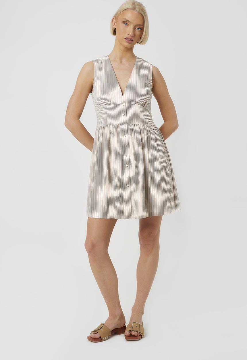 Brave Soul - Ladies Sleeveless Button Down Stripe V Neck Midi Dress - Cream
