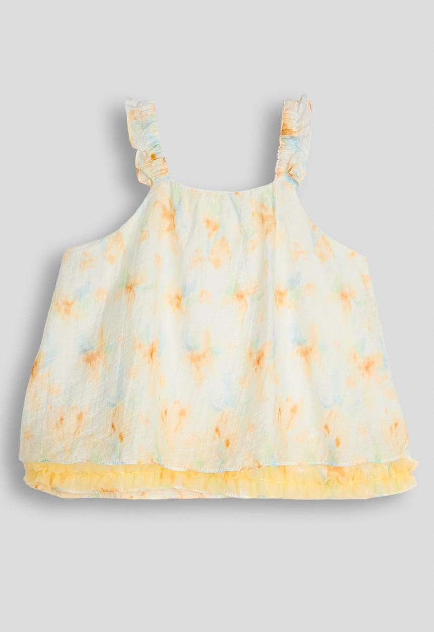Pop Candy - Aop ruffled straps top - white/yellow