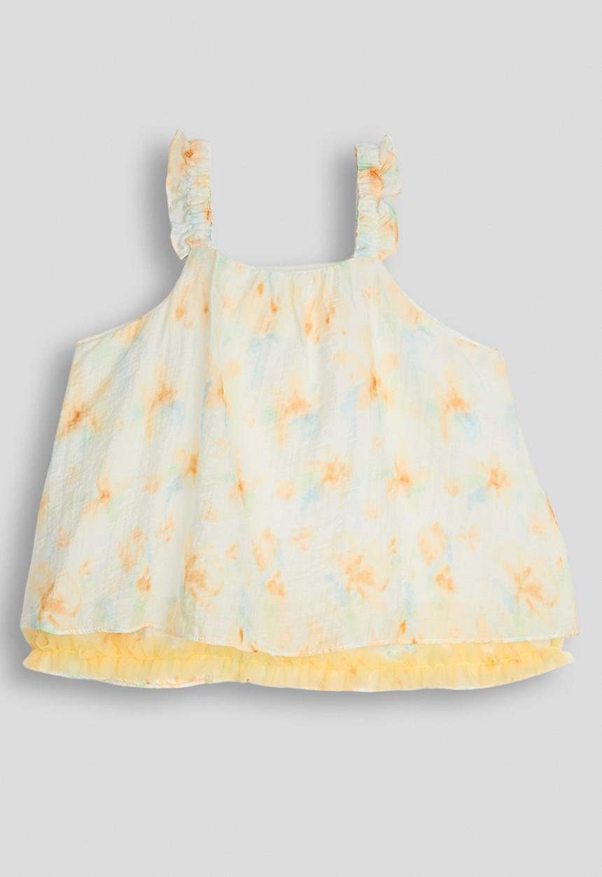 Pop Candy - Aop ruffled straps top - white/yellow