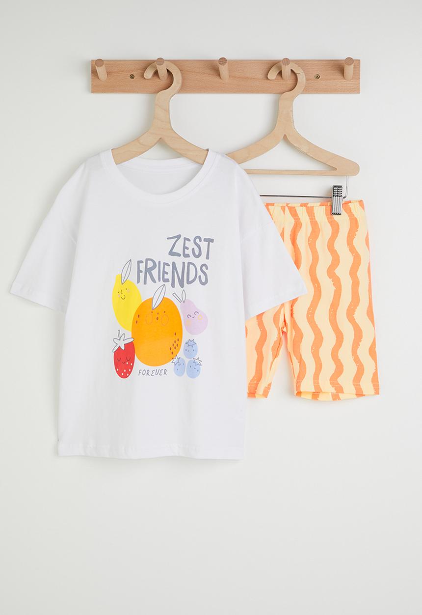 Pop Candy - Fruits graphic tee with striped shorts - white & light orange