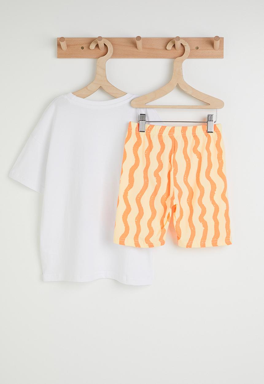 Pop Candy - Fruits graphic tee with striped shorts - white & light orange