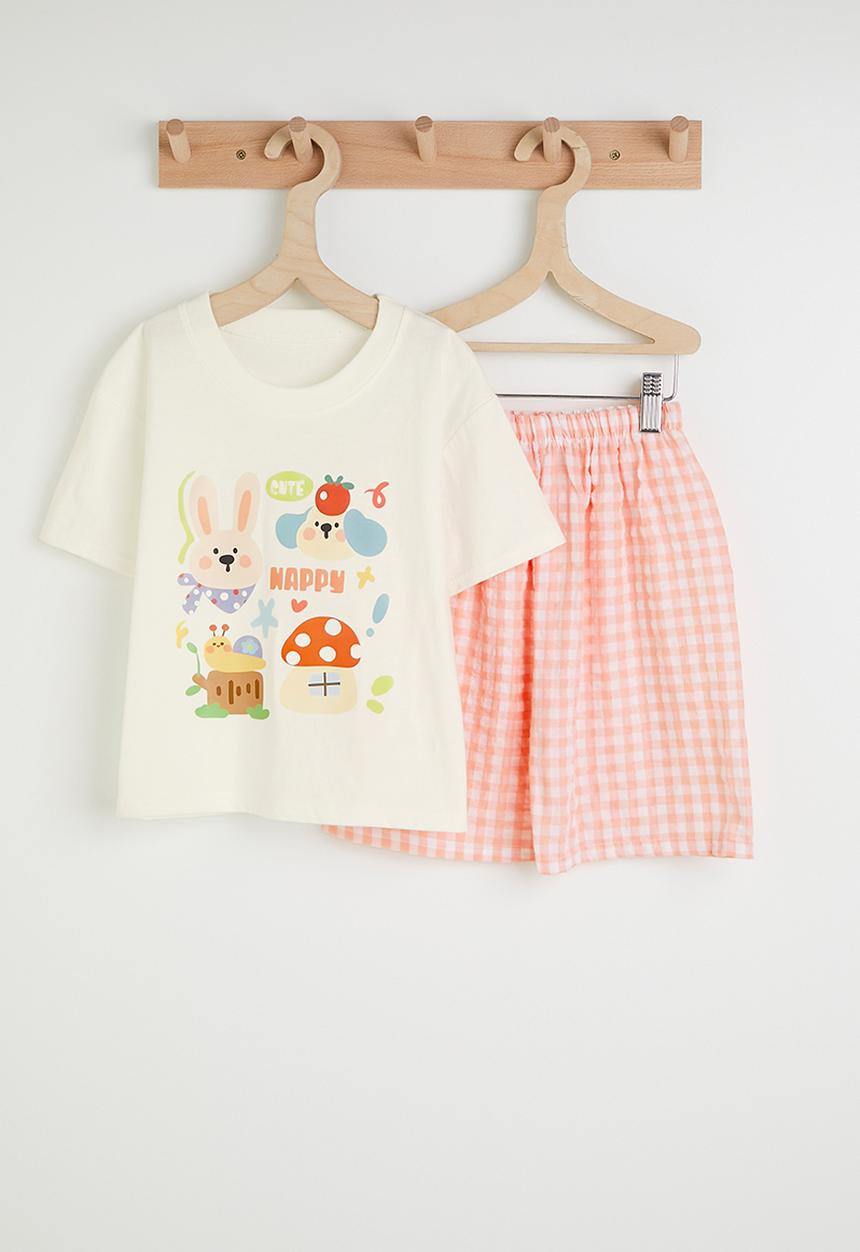 Pop Candy - Graphic tee with gingham shorts - white/pink