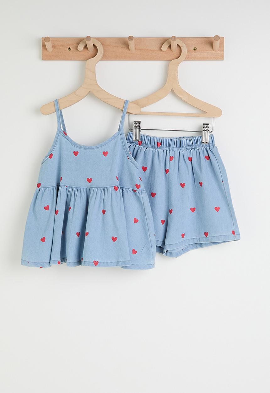 Pop Candy - Heart embroidered peplum camisole top & shorts - blue