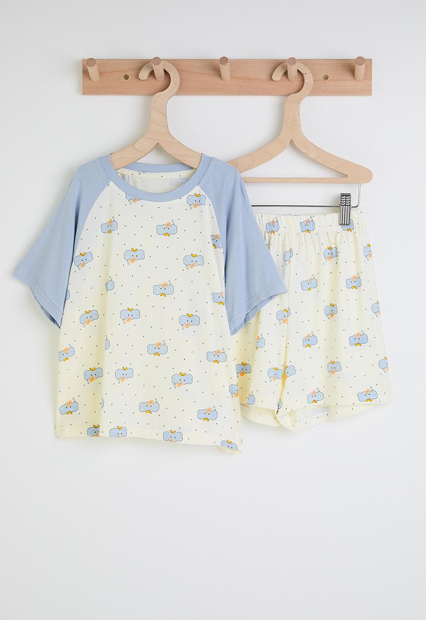 Pop Candy - Aop tee & shorts pj set - cream & blue