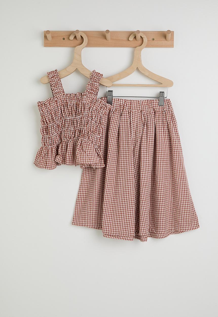 Pop Candy - Gingham ruched top with bermuda shorts - red