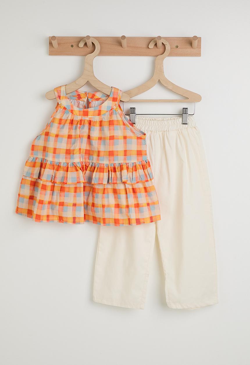 Pop Candy - Gingham halter neckline peplum top & pants - multicolour/cream