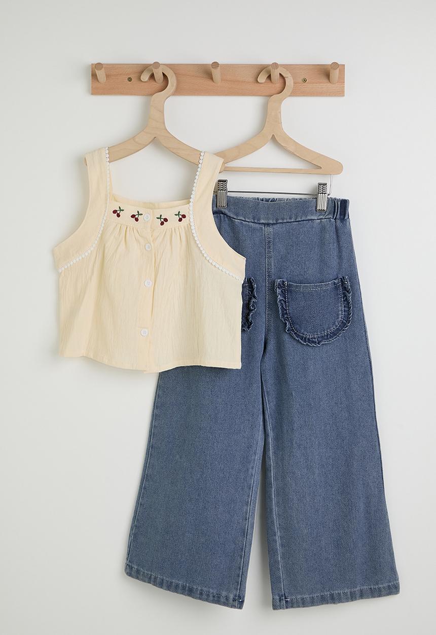 Pop Candy - Embroidered square neck blouse with denim midi skirt - off white/blue