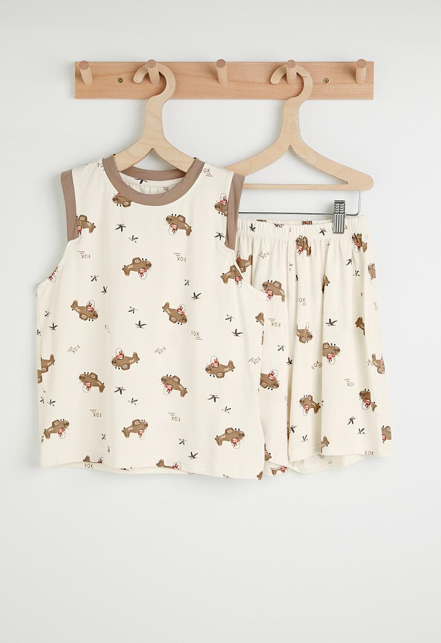 Pop Candy - Aop tank top & shorts pj set - white & brown