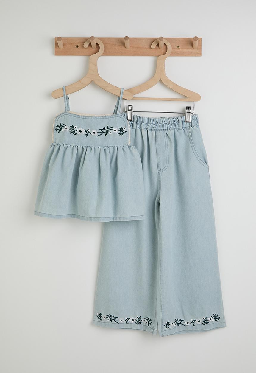 Pop Candy - Embroidered empire line denim top & wide leg jeans - light blue