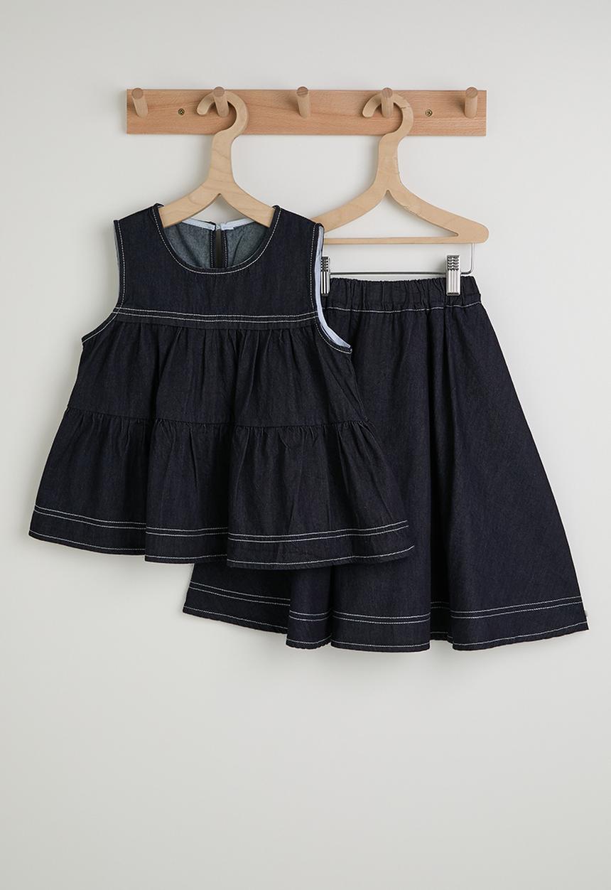 Pop Candy - Denim empire line blouse & bermuda shorts - dark blue