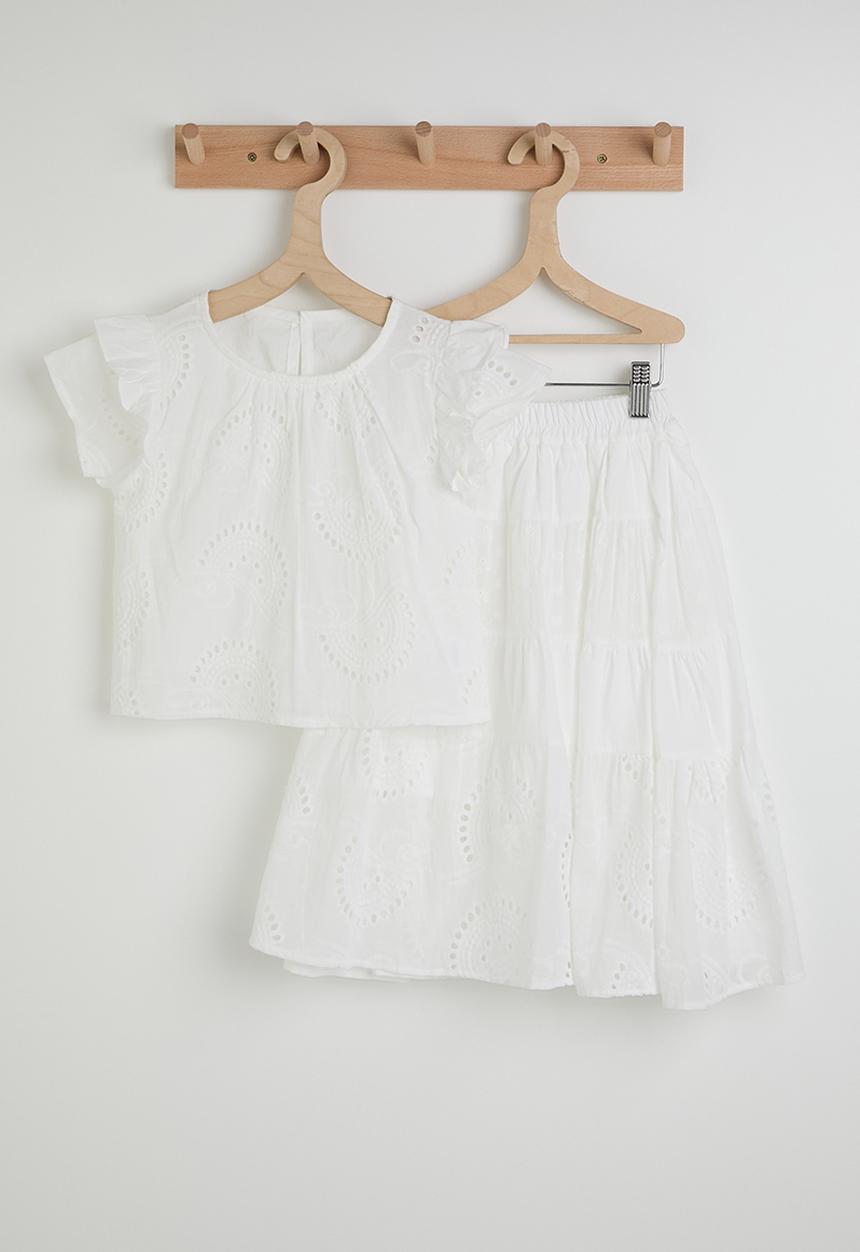 Pop Candy - Anglaise frilled sleeve blouse with tiered maxi skirt - white