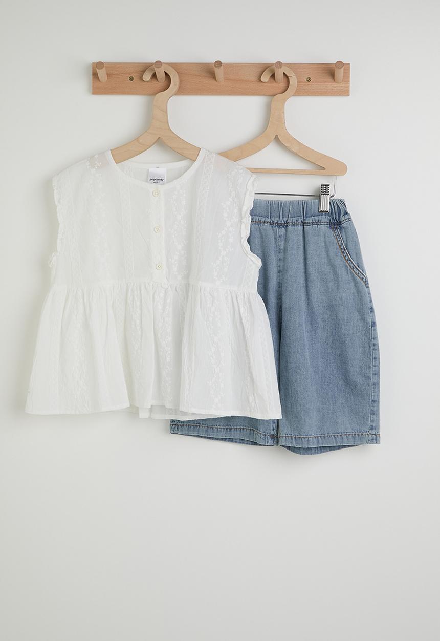 Pop Candy - Broderie blouse with denim shorts - white/blue