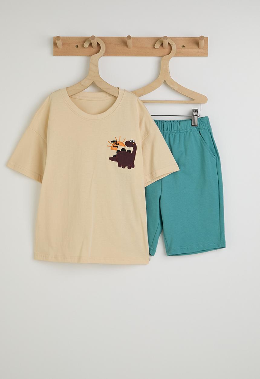 Pop Candy - Dino placement tee with shorts - ivory/sea blue