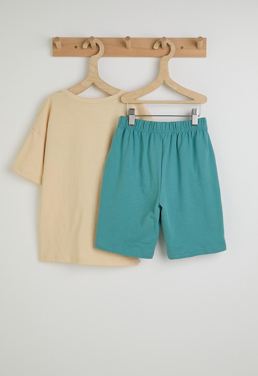 Pop Candy - Dino placement tee with shorts - ivory/sea blue