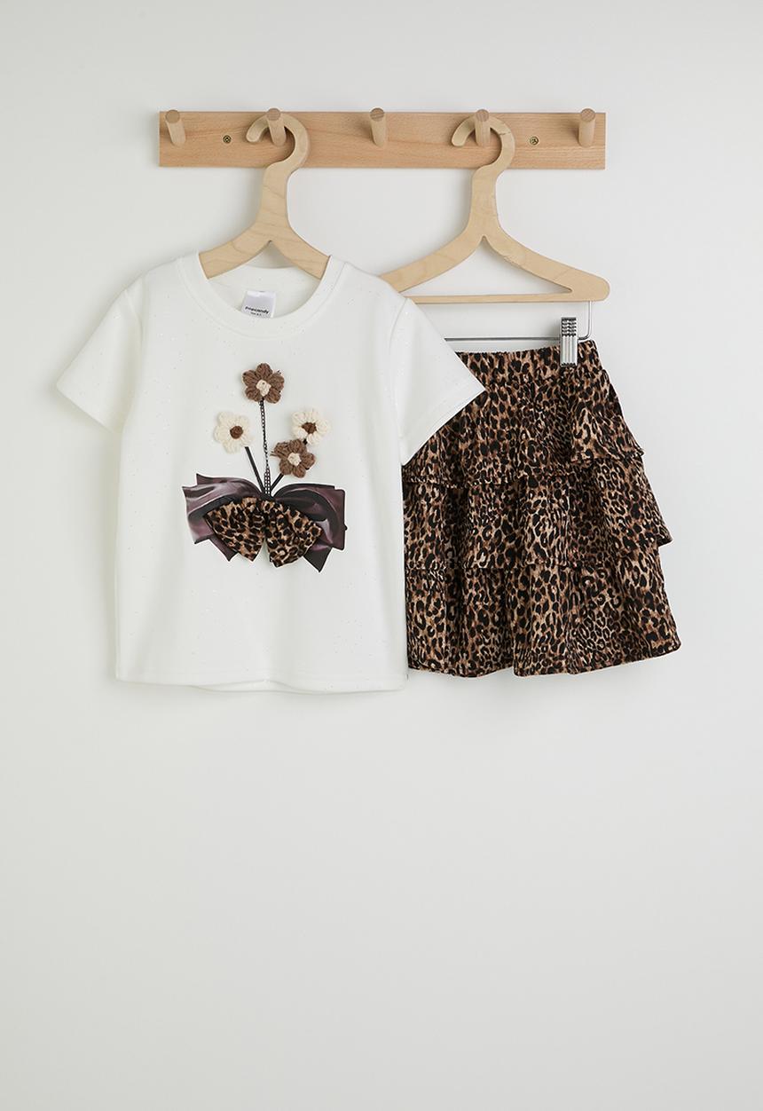 Pop Candy - Bouquet applique graphic tee with rara skirt - white/leopard print