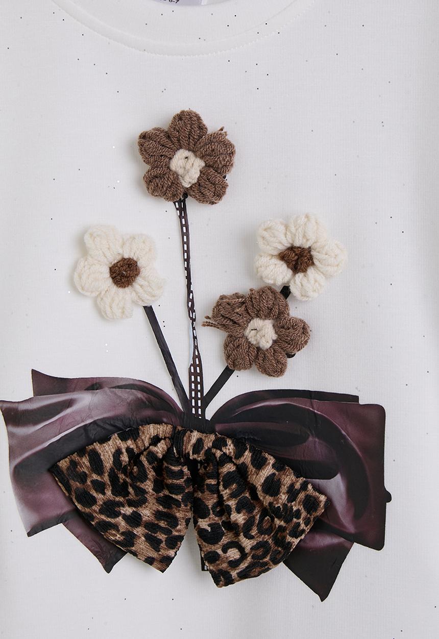 Pop Candy - Bouquet applique graphic tee with rara skirt - white/leopard print