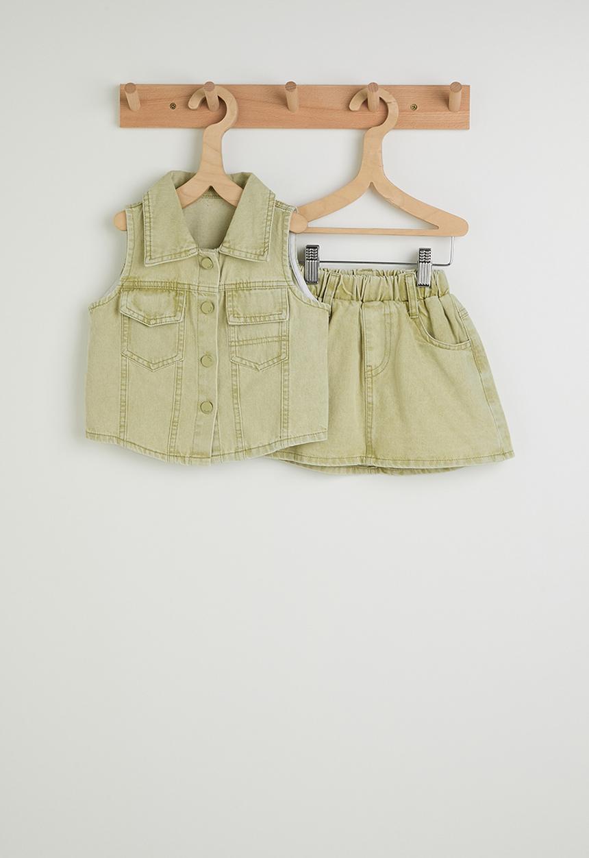 Pop Candy - Denim collared vest with skirt - distressed green