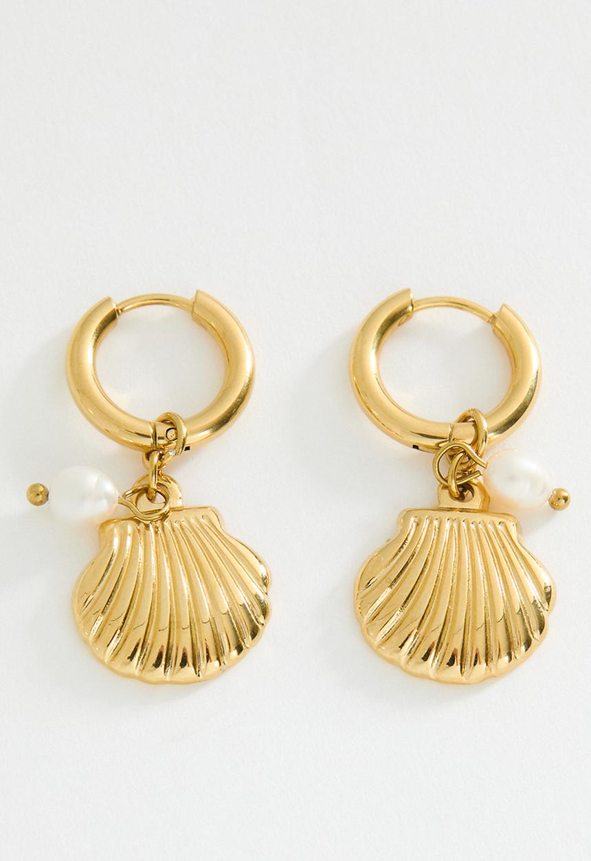 Rubi - Waterproof Charm Hoop Earring - Gold Plated Shell Pearl Drop