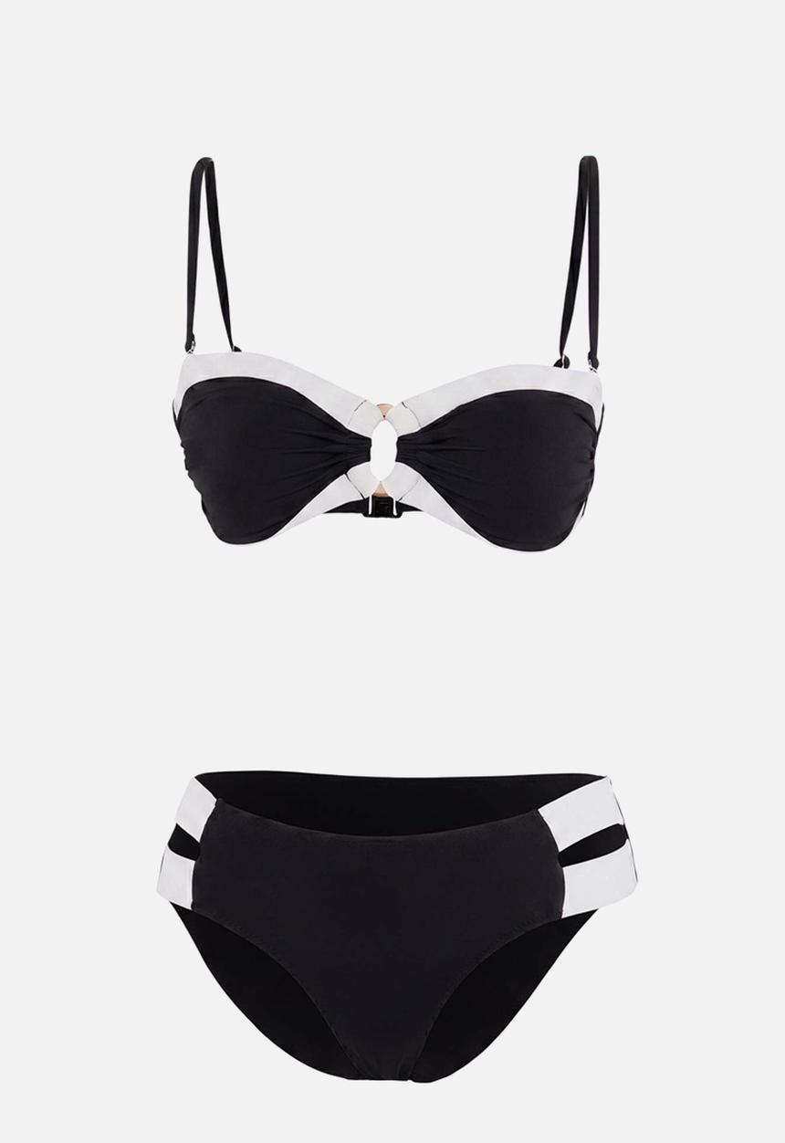 Trendyol - Blocky strapless bikini set - black and white
