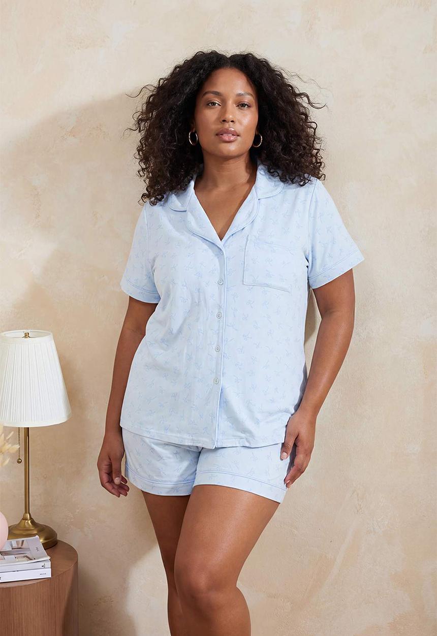 Trendyol - Plus piping ribbon patterned short pajama set - blue